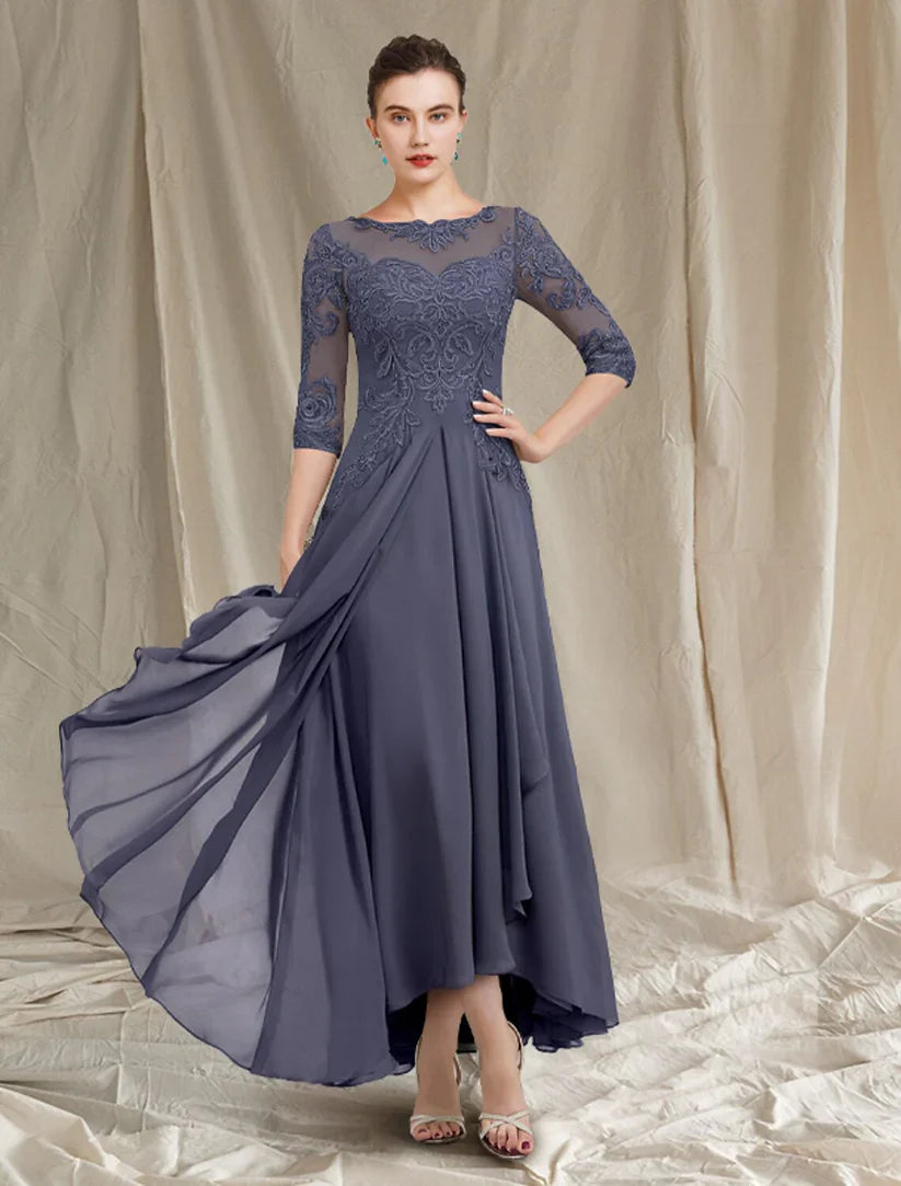 A-Line Mother of the Bride Dress Elegant High Low Jewel Neck Asymmetrical Tea Length Chiffon Lace 3/4 Length Sleeve with Pleats Appliques