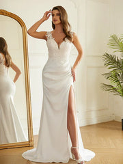 Sheath/Column Charmeuse Lace V-neck Sleeveless Sweep/Brush Train Wedding Dresses