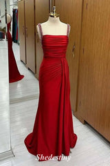 Rhinestone Straps Red Mermaid Pleated Prom Dress with Train