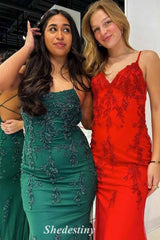 Applique Ink Blue Mermaid Spaghetti Straps Prom Maxi Dress
