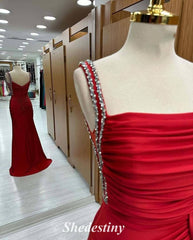 Rhinestone Straps Red Mermaid Pleated Prom Dress with Train