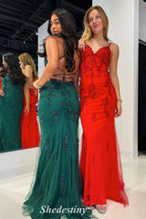Applique Ink Blue Mermaid Spaghetti Straps Prom Maxi Dress