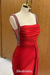 Rhinestone Straps Red Mermaid Pleated Prom Dress with Train