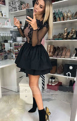 A-Line Crew Long Sleeves Short Black Tiered Homecoming Dress with Appliques
