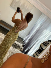 Gold v neck sequin mermaid long prom dress, gold evening dress