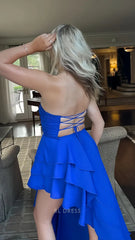 A-line Strapless Ruffle Layered Sexy Royal Blue Long formal dresses Bridesmaid Dresses evening gown Prom Dress