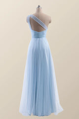 One Shoulder Light Blue Tulle A-line Bridesmaid Dress