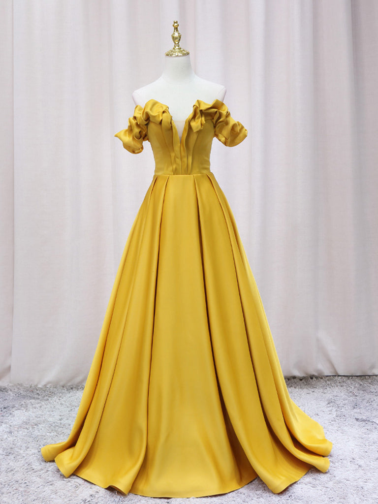 A-Line Off Shoulder Satin Yellow Long Prom Dress, Yellow Formal Dress