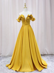 A-Line Off Shoulder Satin Yellow Long Prom Dress, Yellow Formal Dress