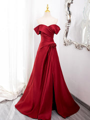 A-Line Off Shoulder Satin Burgundy Long Prom Dress, Burgundy Long Formal Dress