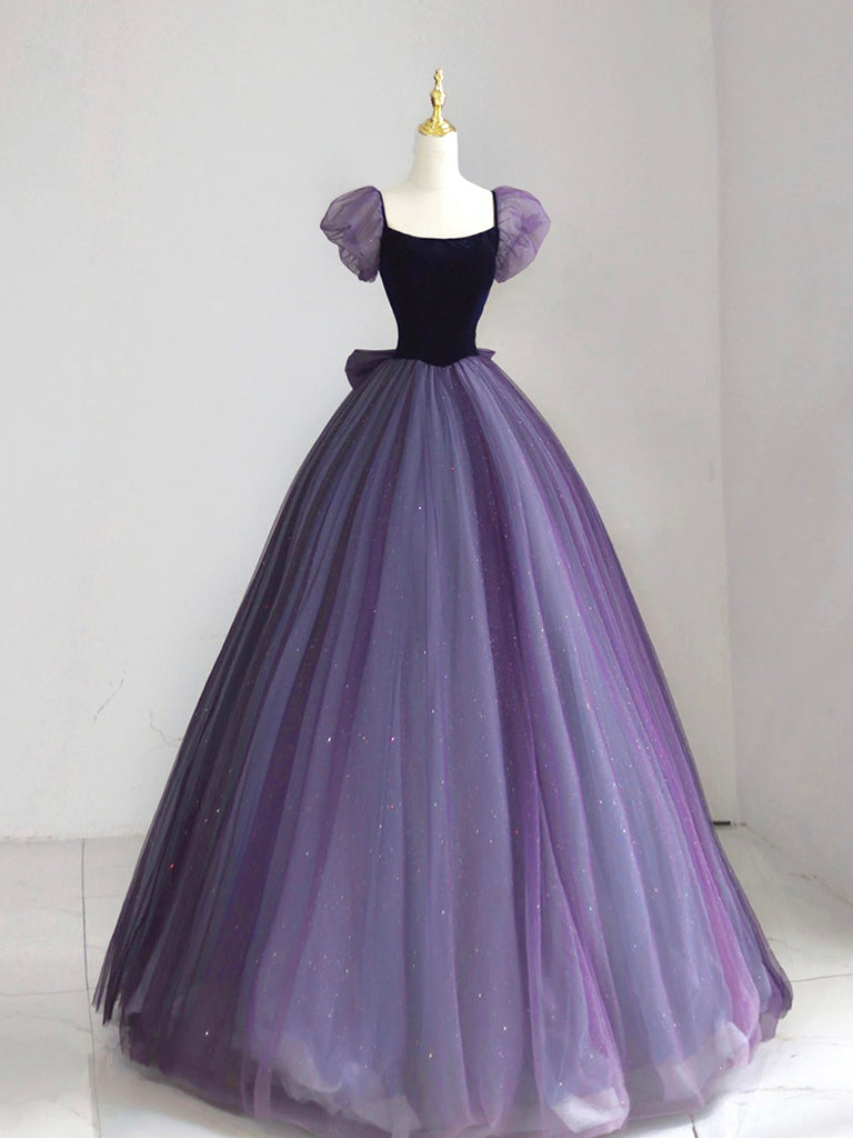 A-Line Puff sleeves Tulle Velvet Purple Long Prom Dress, Purple Long Formal Dress