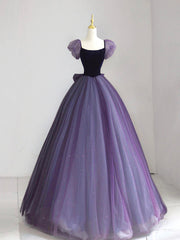 A-Line Puff sleeves Tulle Velvet Purple Long Prom Dress, Purple Long Formal Dress