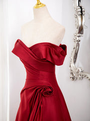 A-Line Off Shoulder Satin Burgundy Long Prom Dress, Burgundy Long Formal Dress