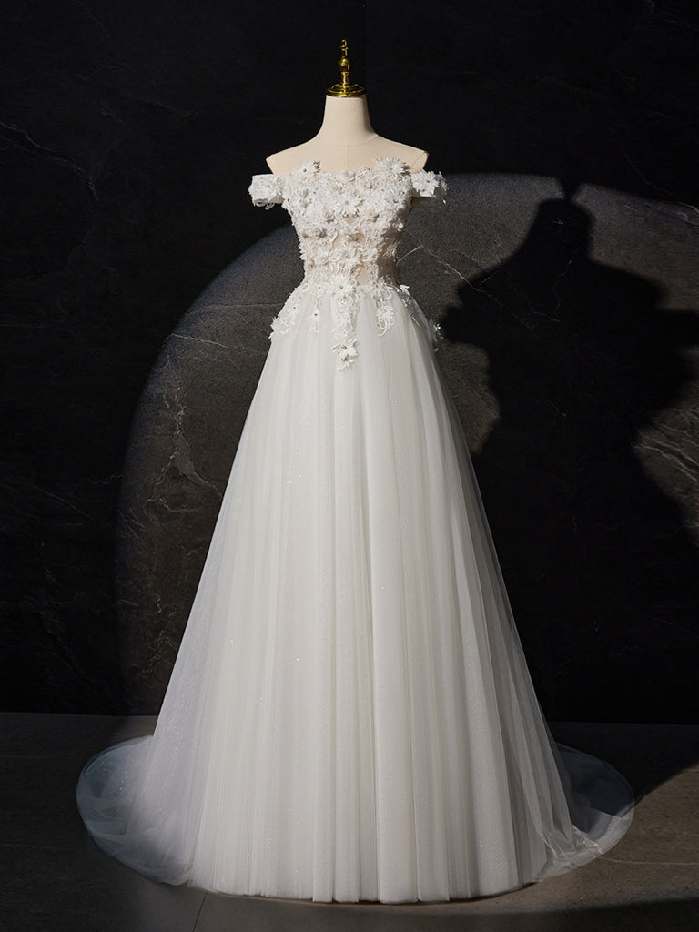 A-Line Off Shoulder Tulle Lace Long Prom Dress, White Lace Long Formal Dress