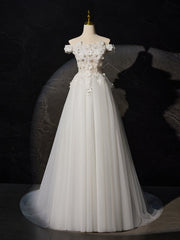 A-Line Off Shoulder Tulle Lace Long Prom Dress, White Lace Long Formal Dress