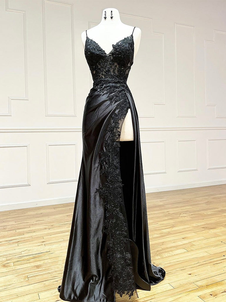 Black V Neck Lace Satin Long Prom Dress, Black Formal Evening Dress