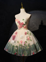 Unique Scoop Neckline Tulle Flower Champagne Short Prom Dress, Cute Formal Dress