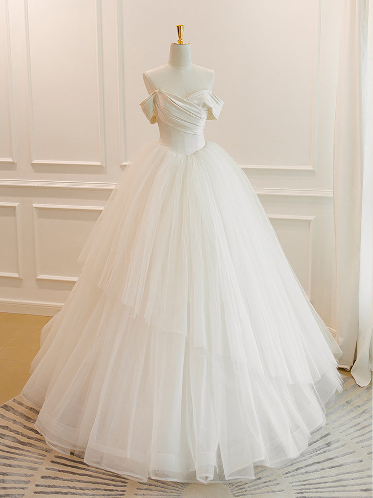 A-Line White Off Shoulder Tulle Long Prom Dress, White Long Formal Dress