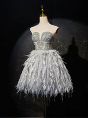 Gray Sweetheart Neck Tulle Beads Feather Short Prom Dress, Cute Gray Homecoming Dress