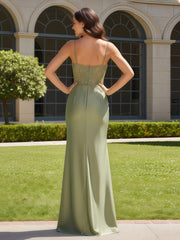 Floor Length Spaghetti Straps Tailored Appliqued Prom Dress Dusty Sage