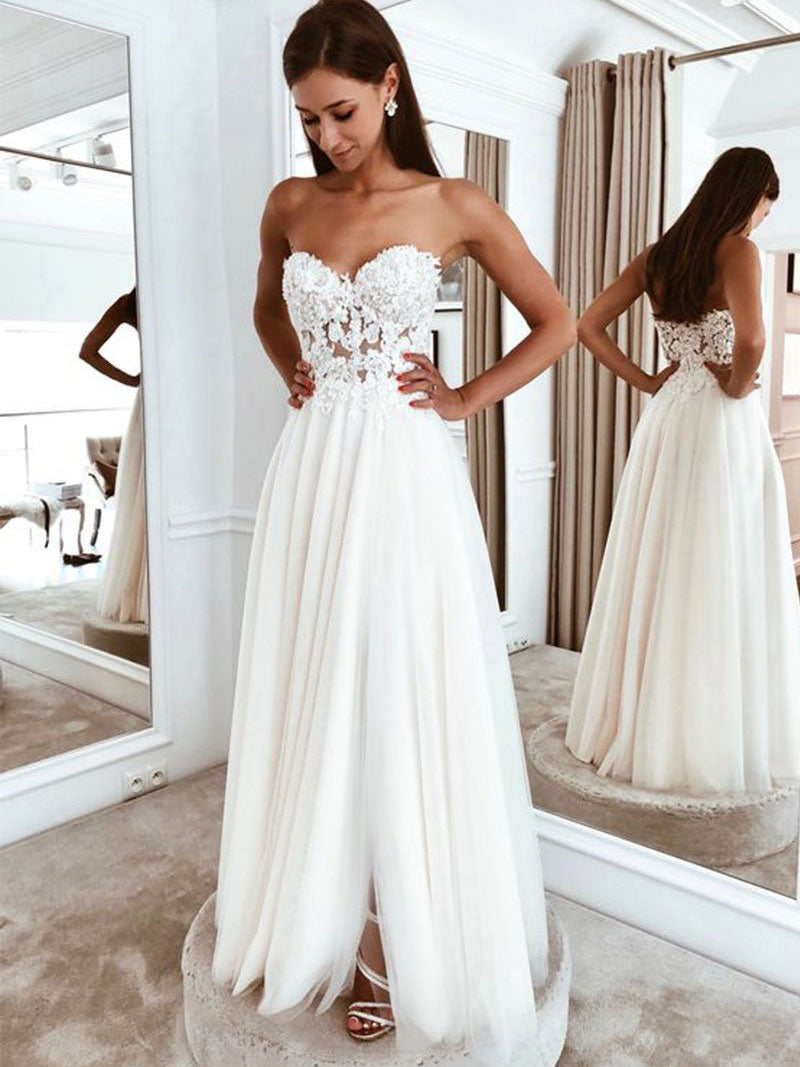 White sweetheart tulle lace long prom dress, bridesmaid dress