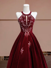 A-Line Velvet Beads Burgundy Long Prom Dress, Burgundy Long Formal Dress