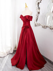 A-Line Off Shoulder Satin Burgundy Long Prom Dress, Burgundy Long Formal Dress