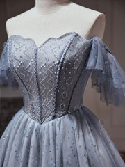 A-Line Tulle Gray Blue Short Prom Dress, Gray Blue Homecoming Dress