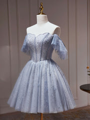 A-Line Tulle Gray Blue Short Prom Dress, Gray Blue Homecoming Dress