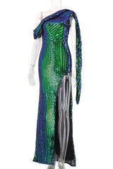 Green One Shoulder High Split Prom Gown Evening Dress