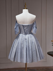 A-Line Tulle Gray Blue Short Prom Dress, Gray Blue Homecoming Dress