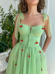 Green tulle tea length prom dress, tulle formal dress