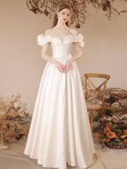 A-Line Off Shoulder Satin Beige Long Prom Dress, Beige Formal Evening Dress