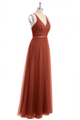Roest oranje v-neck backless a-line lange bruidsmeisje jurk
