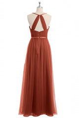 Roest oranje v-neck backless a-line lange bruidsmeisje jurk