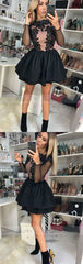 A-Line Crew Long Sleeves Short Black Tiered Homecoming Dress with Appliques