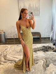 Gold v neck sequin mermaid long prom dress, gold evening dress