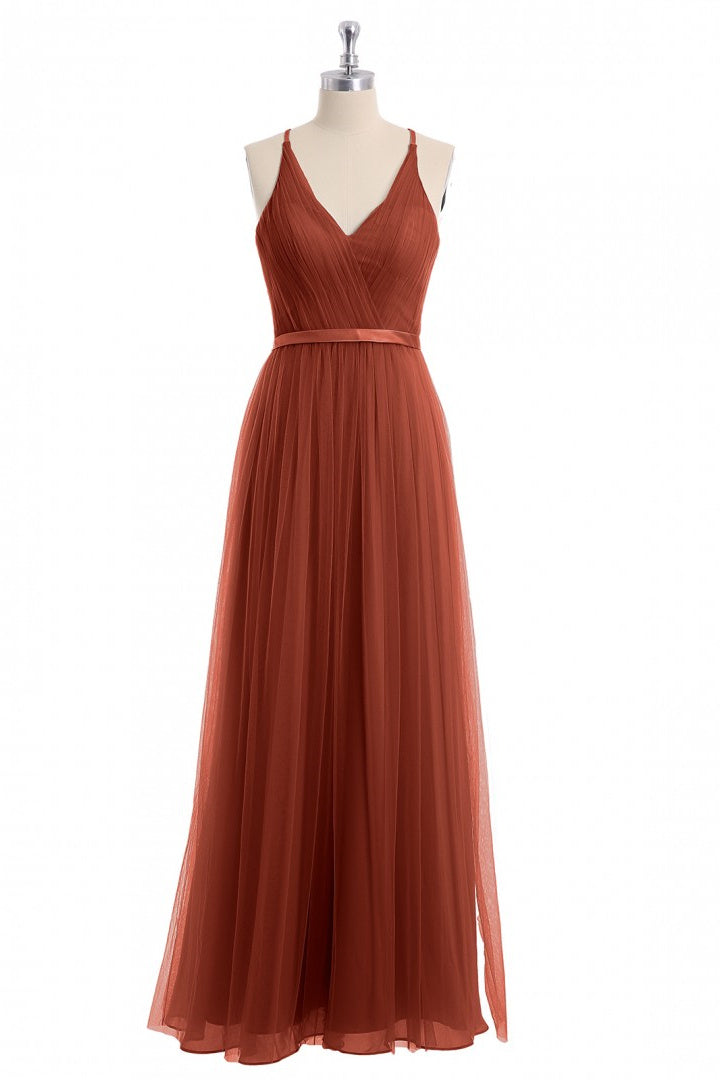 Roest oranje v-neck backless a-line lange bruidsmeisje jurk