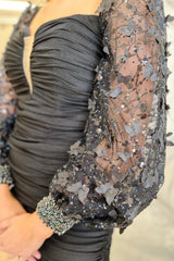 Black Plunge V Lace-Up Short Part Dress with Balloon Sleeves