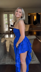 A-line Strapless Ruffle Layered Sexy Royal Blue Long formal dresses Bridesmaid Dresses evening gown Prom Dress