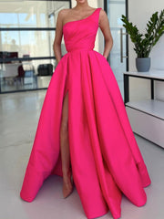 Simple One Shoulder Satin Pink Long Prom Dress, Pink Formal Evening Dress