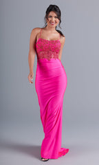 PromGirl Hot Pink Prom Dress with Sheer Bodice