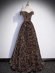 A-Line Off Shoulder Coffee Gold Sequin Long Prom Dress, Coffee Gold Formal Dress