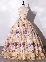 Champagne A-line Flowers Long Prom Dress, Champagne Sweet 16 Dress