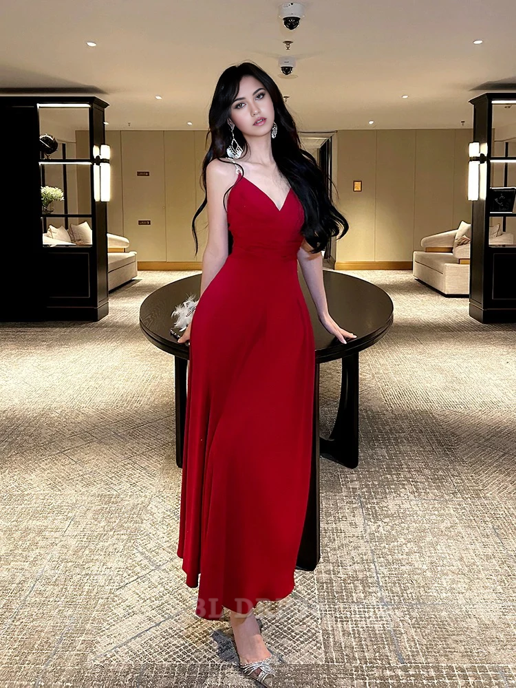 A line Straps Red Long Satin formal dresses Bridesmaid Dresses evening gown Prom Dress