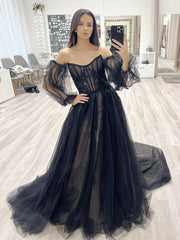 A-Line Long Sleeve Tulle Lace Black Long Prom Dress, Black Long Formal Dress