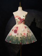 Champagne 3D Flower Tulle Short Prom Dress, Cute Champagne Homecoming Dress