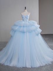 A-Line Sweetheart Neck Tulle Blue Long Prom Dress, Blue Long Evening Gown