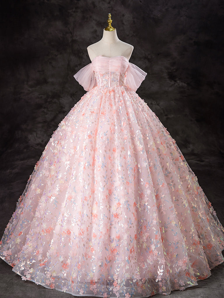A-Line Off Shoulder Tulle Lace Pink Long Prom Dress, Pink Sweet 16 Dress