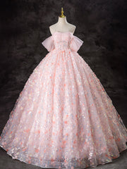 A-Line Off Shoulder Tulle Lace Pink Long Prom Dress, Pink Sweet 16 Dress